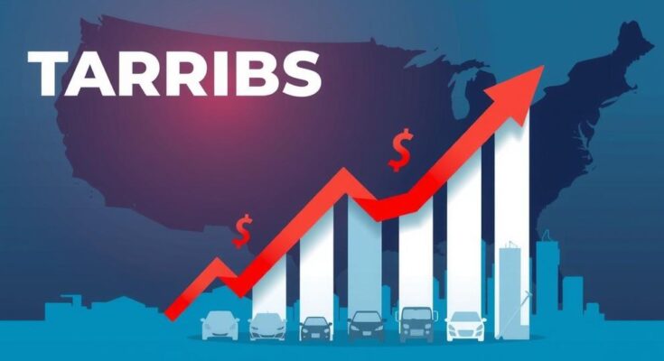Visualisasi efek tarif di AS dengan grafik naik, mobil, dan barang-barang impor di latar belakang.