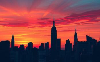 A panoramic view of New York City skyline at sunset, reflecting the vibrant political culture and democratic atmosphere.