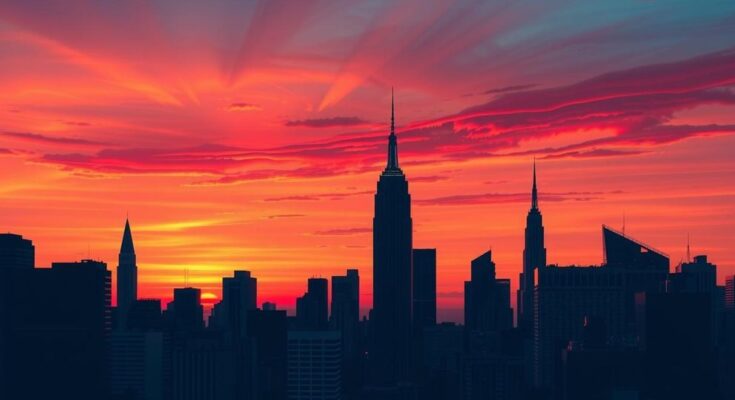 A panoramic view of New York City skyline at sunset, reflecting the vibrant political culture and democratic atmosphere.