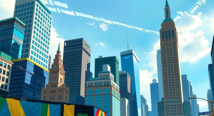 Depozit urban cu clădiri înalte și cer senin, simbolizând schimbările politice din New York.