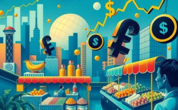 Perspective of a bustling commerce scene with goods, currency symbols and a backdrop of economic graphs.