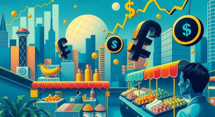 Perspective of a bustling commerce scene with goods, currency symbols and a backdrop of economic graphs.