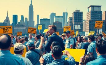 Campagne politique à New York montrant une diversité de soutiens autour d'un homme en costume dans une ambiance dynamique.