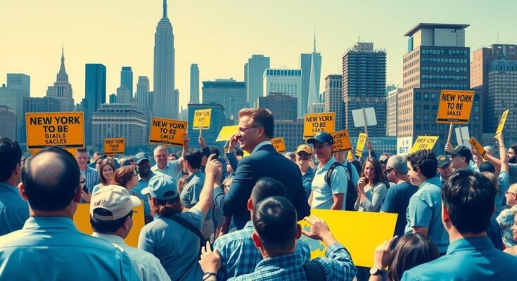 Campagne politique à New York montrant une diversité de soutiens autour d'un homme en costume dans une ambiance dynamique.