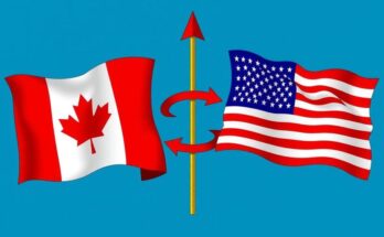 Rappresentazione visiva delle tariffe commerciali tra Stati Uniti e Canada, con bandiere e simboli economici.