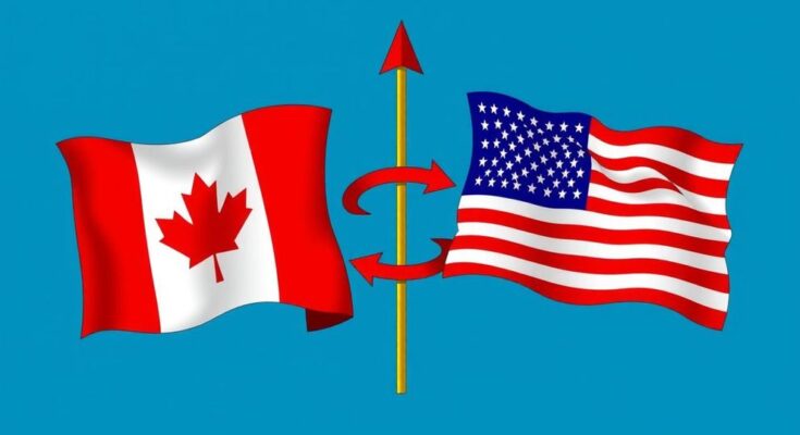 Rappresentazione visiva delle tariffe commerciali tra Stati Uniti e Canada, con bandiere e simboli economici.