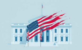 An abstract representation of a courthouse with an American flag and political symbols, embodying legal debates.