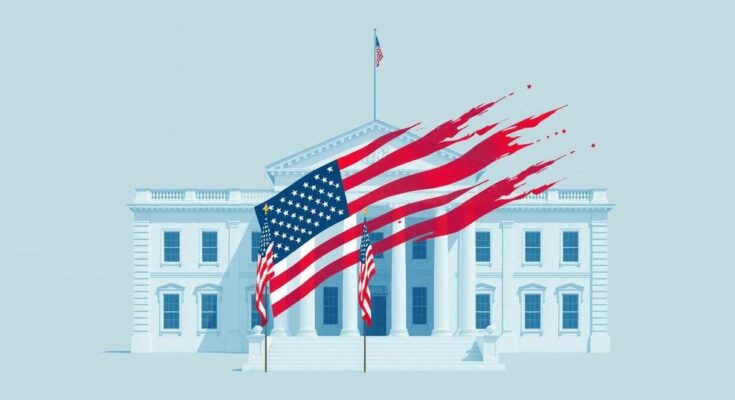An abstract representation of a courthouse with an American flag and political symbols, embodying legal debates.