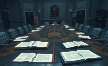 Réunion sur la politique à Washington, dossiers ouverts et documents sur la table, ambiance de négociation politique.