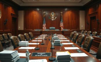 Senate committee room during a confirmation hearing, with microphones and paperwork on the table.