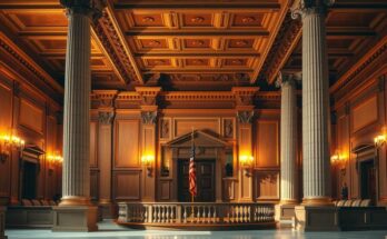 A serene judicial chamber with historical court architecture and warm lighting, symbolising justice and authority.