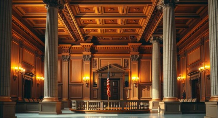 A serene judicial chamber with historical court architecture and warm lighting, symbolising justice and authority.