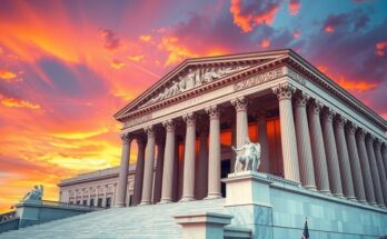 Sculpture of the Supreme Court building, colorful sunset behind, symbolizing justice and democracy.