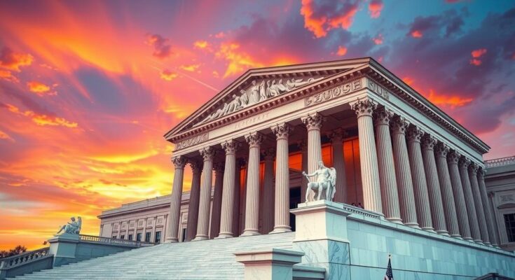 Sculpture of the Supreme Court building, colorful sunset behind, symbolizing justice and democracy.