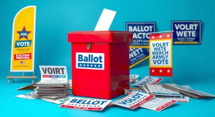 A vibrant ballot box surrounded by campaign materials, symbolizing political activism and democratic engagement in Virginia.