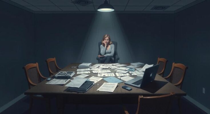Harris analyzing her political strategy with a thoughtful expression, surrounded by documents and a laptop in a dimly lit room.