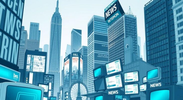 Imagine a vibrant urban landscape with towering buildings, showcasing themes of news and democracy, dominated by blue and grey hues.