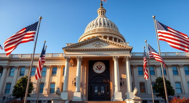 Senate building with American flags and political symbols representing bipartisan efforts on trade policy.