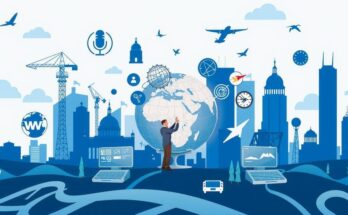 Un peisaj politic global cu simboluri de influență și tehnologie, în tonuri de albastru și gri.