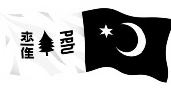 Grafis bendera hitam-putih menggambarkan negosiasi perdagangan dengan elemen seni modern minimalis dan warna kontras.