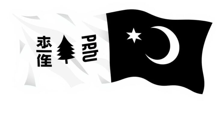 Grafis bendera hitam-putih menggambarkan negosiasi perdagangan dengan elemen seni modern minimalis dan warna kontras.