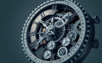Giant clock with swirling gears and cogs, symbolizing time and change in government processes, in muted blue and gray tones.