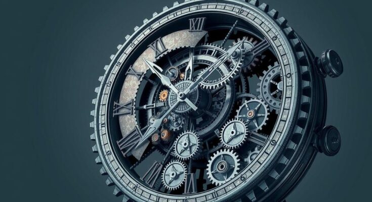 Giant clock with swirling gears and cogs, symbolizing time and change in government processes, in muted blue and gray tones.