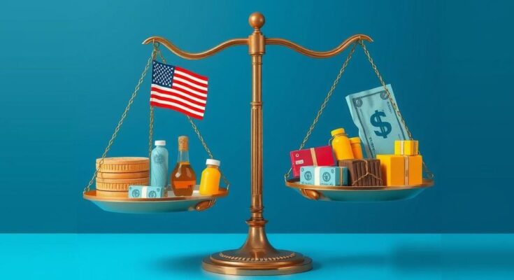 Grafico di una bilancia commerciale che mostra prodotti americani e stranieri, con una prevalenza di beni nazionali.