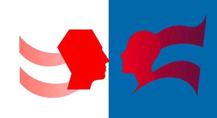 Discussione politica in un contesto di divisione, colori blu e rosso, arte contemporanea.