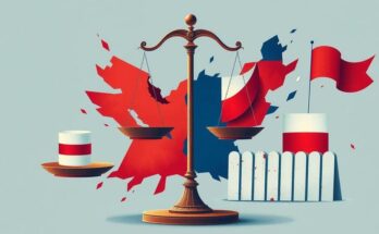 Rappresentazione dell'instabilità politica americana attraverso simboli di conflitto e divisione.