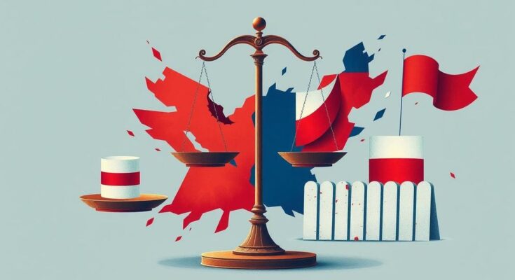 Rappresentazione dell'instabilità politica americana attraverso simboli di conflitto e divisione.