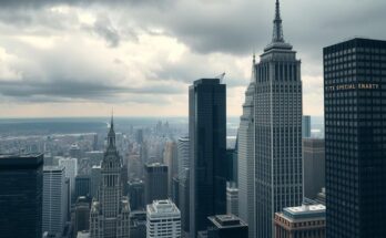 Vue de la ville de New York avec des gratte-ciels sous un ciel nuageux, représentant la politique démocrate.