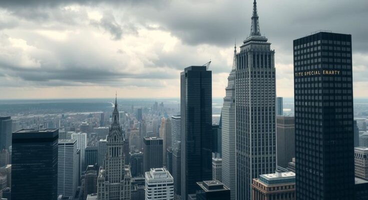 Vue de la ville de New York avec des gratte-ciels sous un ciel nuageux, représentant la politique démocrate.