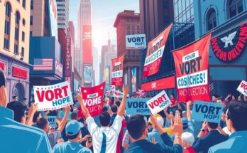 A vibrant rally scene, showcasing enthusiastic supporters and campaign symbols in a dynamic urban environment.