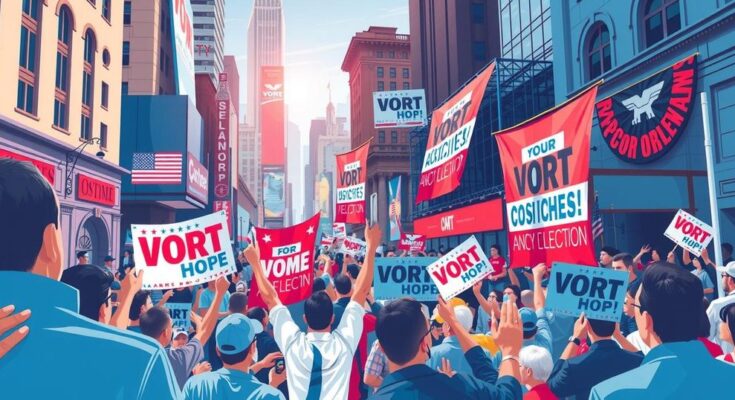 A vibrant rally scene, showcasing enthusiastic supporters and campaign symbols in a dynamic urban environment.