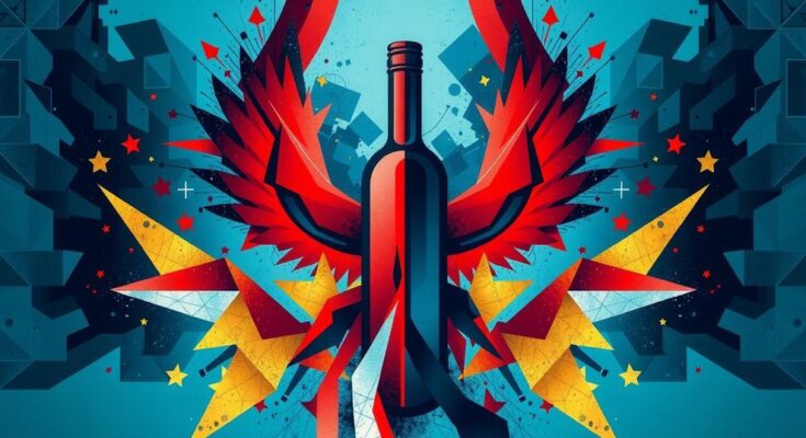 Illustration of an abstract scene symbolizing political negotiations with bottleneck imagery, vibrant colors representing tension and triumph.