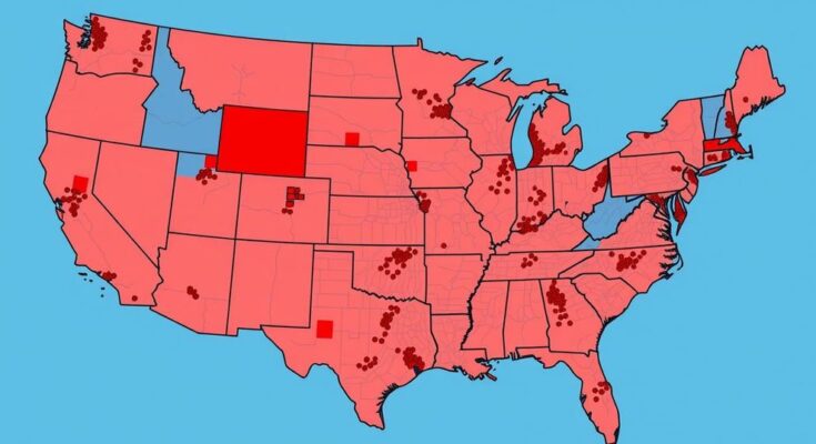 Peta politik Amerika dengan county berwarna merah dan biru menunjukkan perubahan dukungan pemilih.