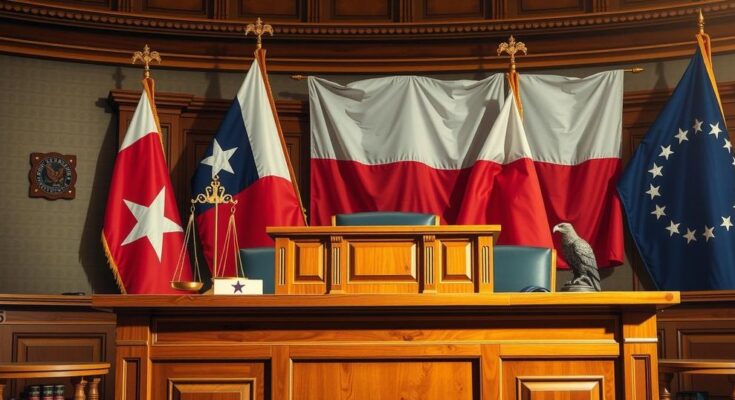 Reazione dei legislatori del Texas alle recenti azioni militari, con simboli della politica texana e bandiere.