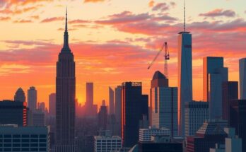 A skyline of New York City at sunset, symbolising hope and change in politics with vibrant colours.