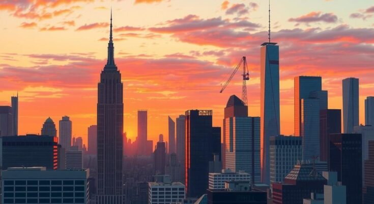 A skyline of New York City at sunset, symbolising hope and change in politics with vibrant colours.