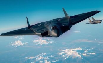 B-2 bomber soaring above landscape, symbolizing military strength and precision in operations, with strong blue tones.
