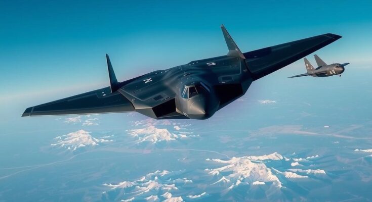 B-2 bomber soaring above landscape, symbolizing military strength and precision in operations, with strong blue tones.
