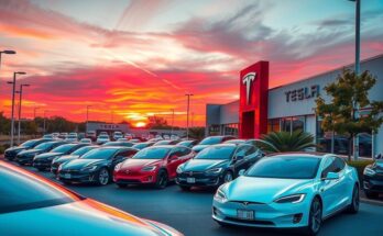 Tesla cars in a dealership showcasing electric vehicles under a vibrant sunset sky.