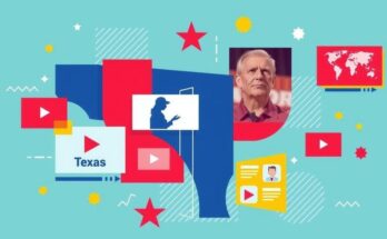 Culoare vibranta reprezentand publicitate politica si etica in Texas, cu elemente grafice de transparenta si media alterata.