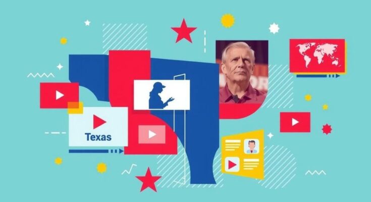 Culoare vibranta reprezentand publicitate politica si etica in Texas, cu elemente grafice de transparenta si media alterata.