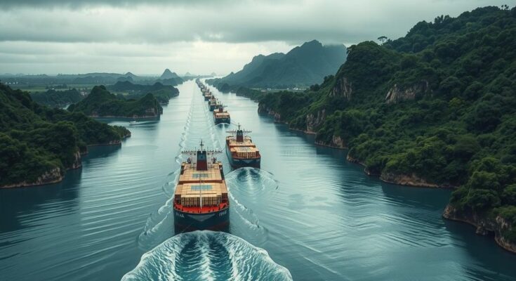 Pemandangan saluran dengan kapal berlayar, menggambarkan kontroversi penguasaan terusan di Panama.