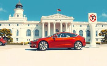 Червен Tesla Model S пред Белия дом, гордо представящ електрическа кола с политическа подкрепа.