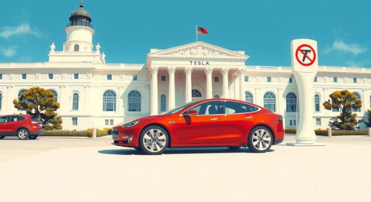 Червен Tesla Model S пред Белия дом, гордо представящ електрическа кола с политическа подкрепа.