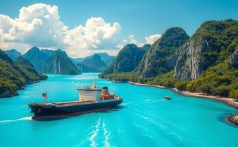 Pemandangan indah dari Terusan Panama dengan kapal besar melintasi air berwarna biru yang cerah di bawah langit cerah.