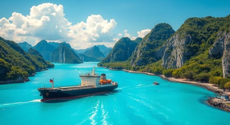 Pemandangan indah dari Terusan Panama dengan kapal besar melintasi air berwarna biru yang cerah di bawah langit cerah.